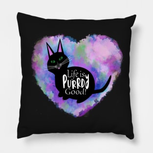 Cute Black Cat and Purple Rainbow Heart. Life is Purrdy Good! Pillow