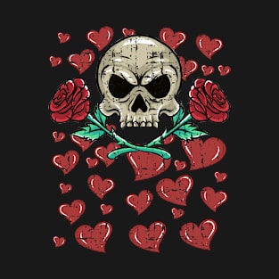 Red Roses Skull Valentines Red Hearts Skeleton T-Shirt