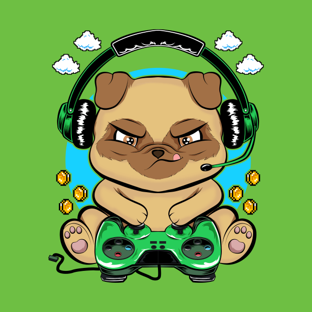 pug doggy gamer, game addicts by the house of parodies