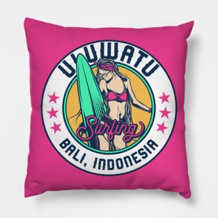 Retro Surfer Babe Badge Uluwatu Bali, Indonesia Pillow