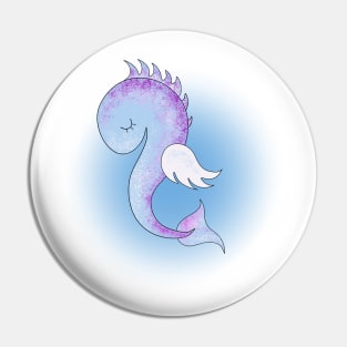 Sleepy purple seahorse on white and blue background. Design. Pin