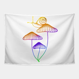 Rainbow Snail Sitting on Mushrooms Tapestry