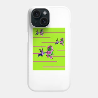 Hummingbirds and pink flowers on green Phone Case