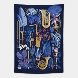 Music to my eyes - oxford navy blue background gold textured musical instruments blue indoor plants coral music notes Tapestry