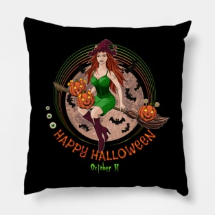 Pretty witch flying on broomstick Pillow