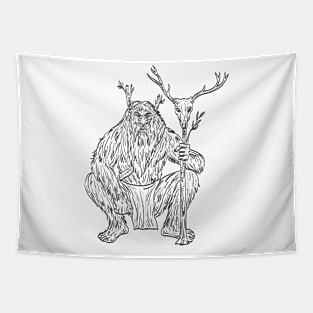 Basajaun or Lord of the Woods in Basque Mythology Squatting with Staff of Deer Skull Drawing Tapestry