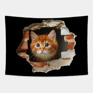 Sweet cat poking its head out from a wall opening Tapestry