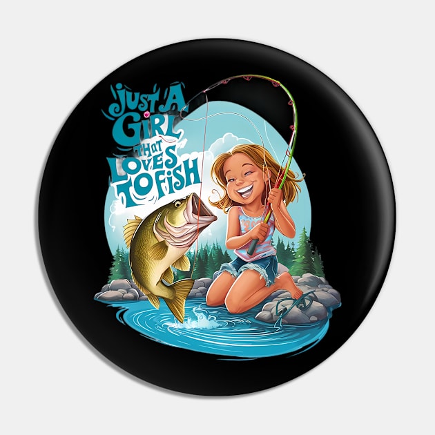 Serenitys Catch: Girl Fishing on a Rock Pin by coollooks