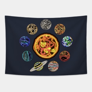 Electric Solar System Neon Sun and Planets Tapestry