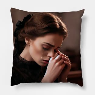 Girl crying in a moment of mourning and the comfort of faith Pillow