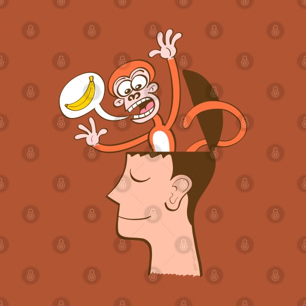 Let's meditate. Mad monkey asking for bananas from inside the head of a man in meditation by zooco