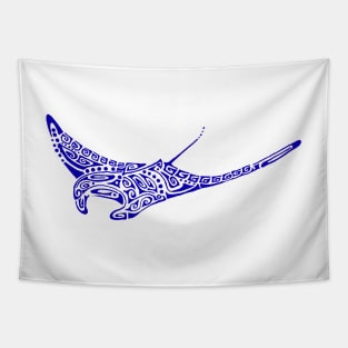 Manta ray ultramarine blue tattoo pale gray background Tapestry