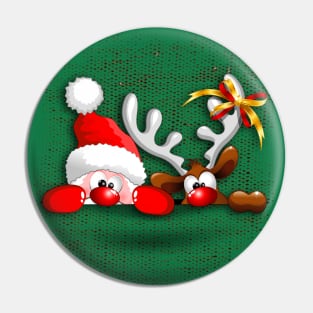 Funny Christmas Santa and Reindeer Cartoon Pin