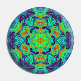 Psychedelic Mandala Flower Green Blue and Red Pin