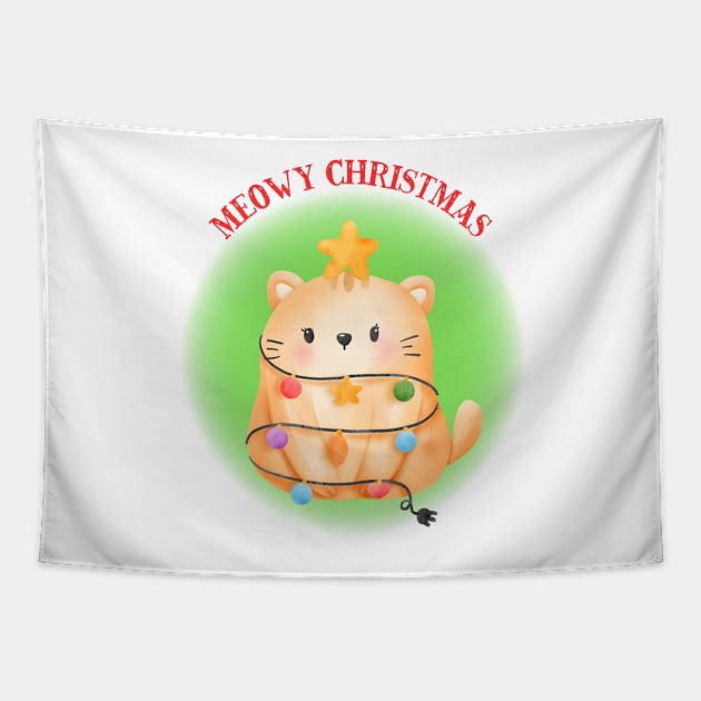 Cute Watercolor Cat Tangled in Christmas Lights Tapestry by JanesCreations