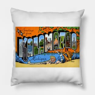 Greetings from Kalamazoo, Michigan - Vintage Large Letter Postcard Pillow