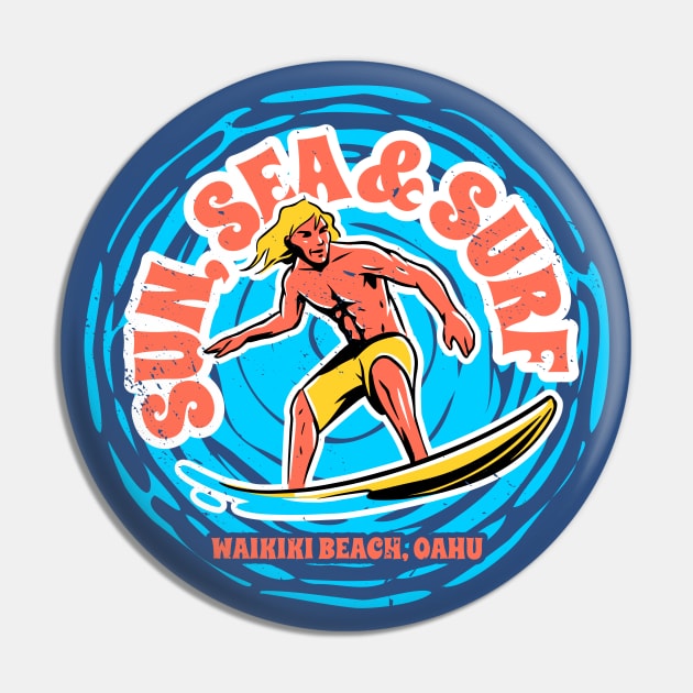 Vintage Sun, Sea & Surf Waikiki Beach Oahu, Hawaii // Retro Surfing // Surfer Catching Waves Pin by Now Boarding