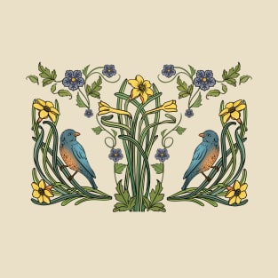 Art Nouveau Bluebirds, Sunflowers And Daffodils T-Shirt