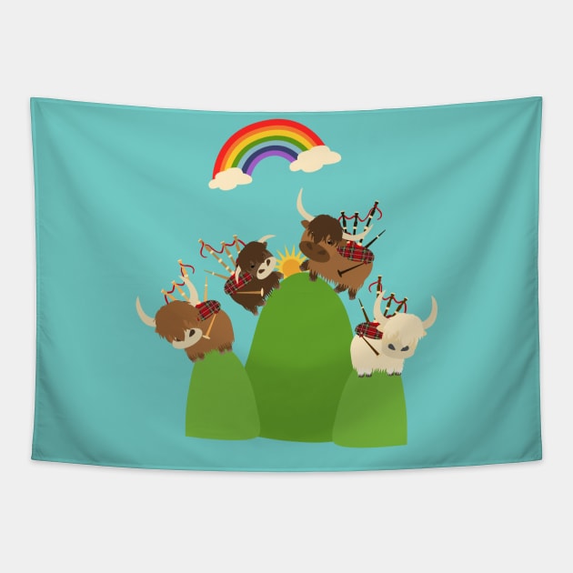 Happy Highland Cattle and Bagpipes Tapestry by LulululuPainting