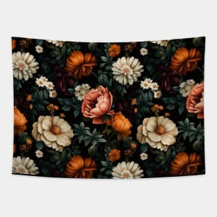 Dutch Nocturne: Luminous Floral Pastoral on Black Canvas Tapestry