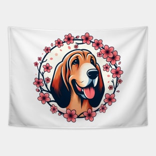 Bloodhound Welcomes Spring Amid Cherry Blossoms Tapestry