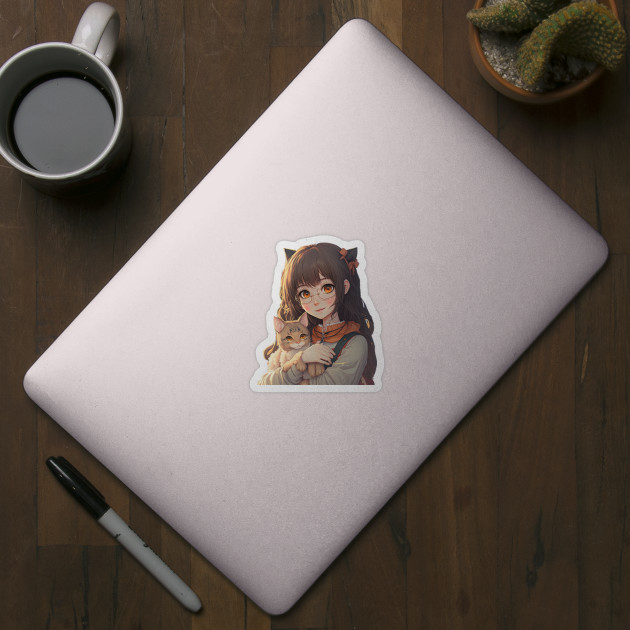 Cute anime girl holding her cat kawaii Japanese style cool design