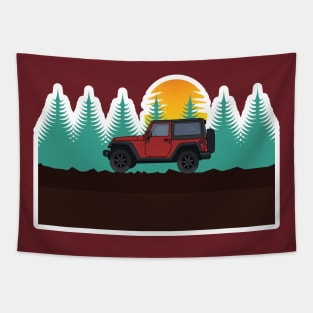 Sports Mountain Car rides on off-road trail sticker design, background of mountains and forests in day view sticker design vector. Tapestry