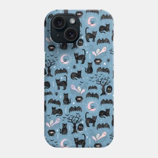 Black cats, bats and witchy things, halloween on dusty blue Phone Case