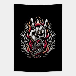 Heavy Metal Never Dies - Flaming Horns Hand Pentagram Rock N' Roll Tapestry