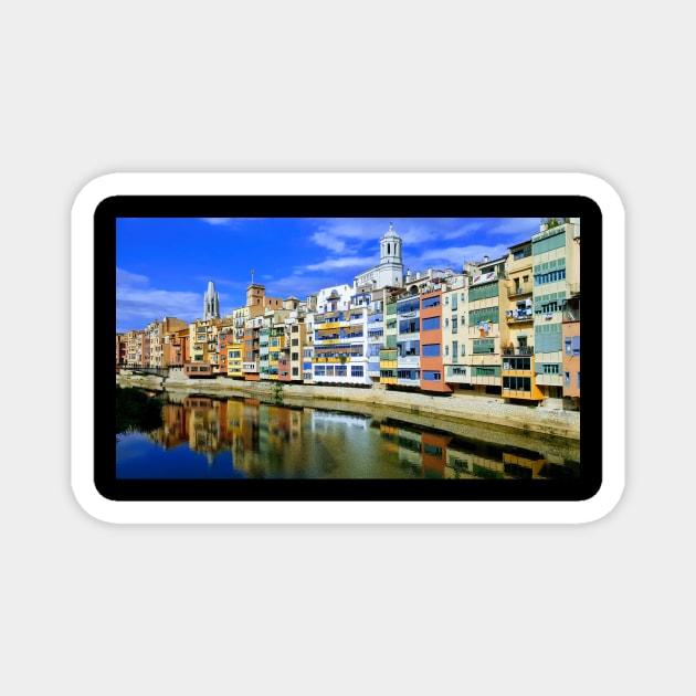 Pont de les peixateries velles Gerona Spain - A photo of water, buildings and sky Magnet by ART-T-O