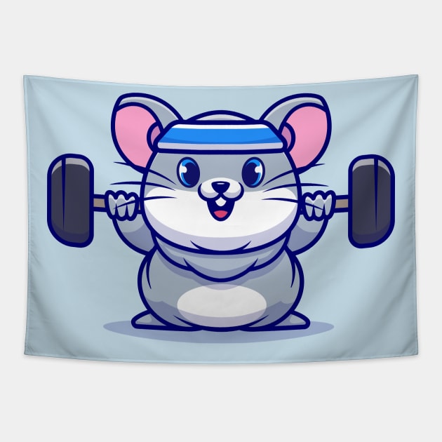 Cute Mouse Lifting Barbell Cartoon Tapestry by Catalyst Labs