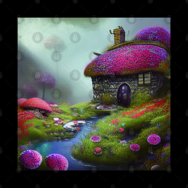 Sparkling Fantasy Cottage with Lights and Glitter Background in Forest, Scenery Nature by Promen Art