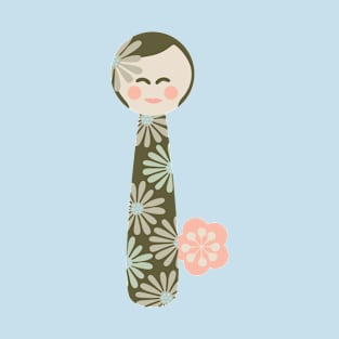 JAPANESE KOKESHI DOLL Flowers Light Pastel Green Beige - UnBlink Studio by Jackie Tahara T-Shirt