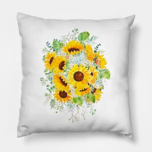 yellow sunflower blue hydrangea white orchid arrangement ink and watercolor Pillow