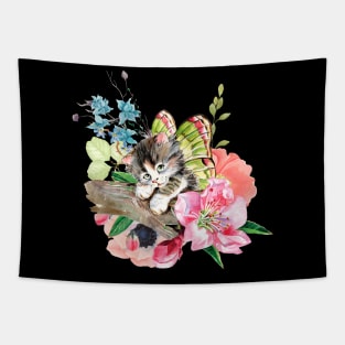 Cute Kitten on Watercolor Flowers Tapestry