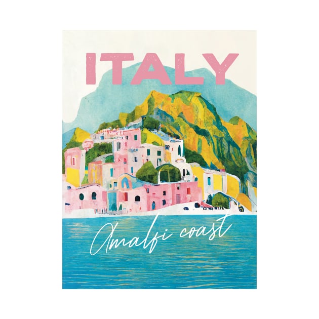 Amalfi Coast Pastel Gouache Italy Travel Poster Retro Wall Art Illustration by BetterManufaktur