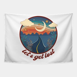 Let's Get Lost Retro Mountain Road Emblem Tapestry