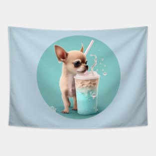 Cute Kawaii Chihuahua Drinking Bubble Tea - Adorable Dog Lover Gift and Fun Animal Art Tapestry