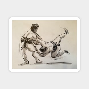 Sumo #17 - Sumo wrestlers ink wash painting on paper Magnet