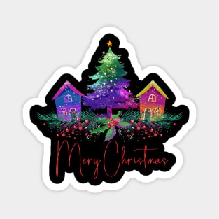 Vintage Christmas Village - Vibrant Colored Gingerbread Homes - Christmas Tree - Retro Christmas Scene Magnet