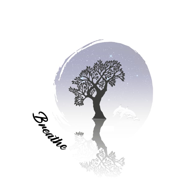 Zen like circle with tree dolphin night sky and text Breathe, yoga by CHNSHIRT