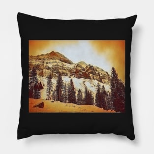 Sepia toned photo of snow capped mountains in Switzerland Pillow