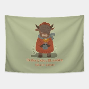 A Highland Cow Holding A Flower Pot, Cozy Art Tapestry