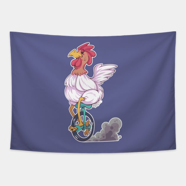 Cartoon Chicken Unicycle Tapestry by roquefranco