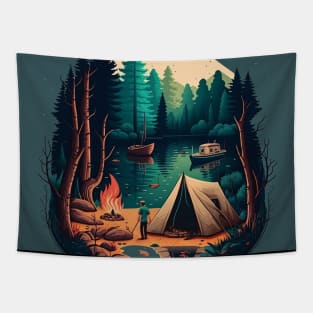 Camping Adventure in the Forest Lake, Fishing Tapestry