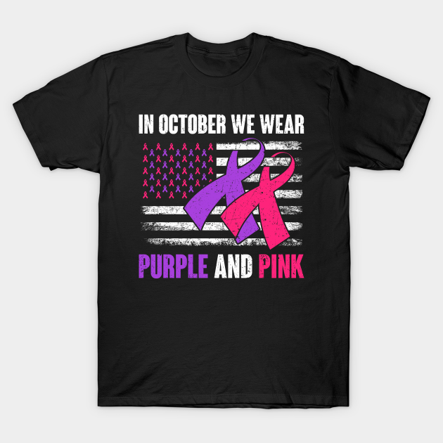 American Flag Breast Cancer and Domestic Violence Awareness - In October We Wear Purple And Pink - T-Shirt