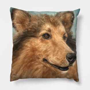 Painting of a Blond Border Collie Dog on Grey Blue Background Pillow