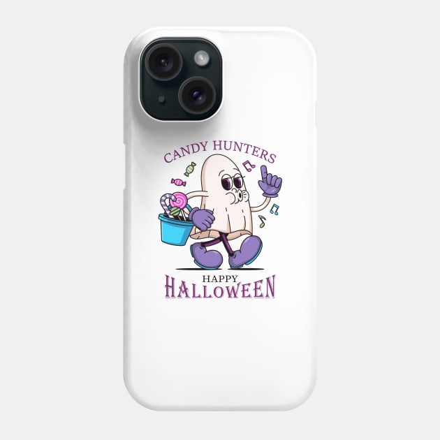 Happy Halloween, Cartoon illustration of a white cloth ghost carrying a tub of candy Phone Case by Vyndesign