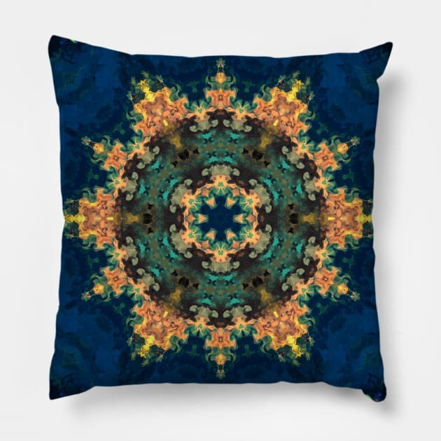 Psychedelic Kaleidoscope Yellow Blue and Green Pillow by WormholeOrbital