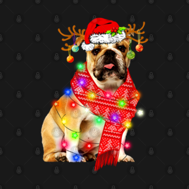 Discover English Bulldog Dog Reindeer Santa Hat Christmas Lights Happy Holidays Season - Merry Christmas Dog - English Bulldog Christmas - T-Shirt